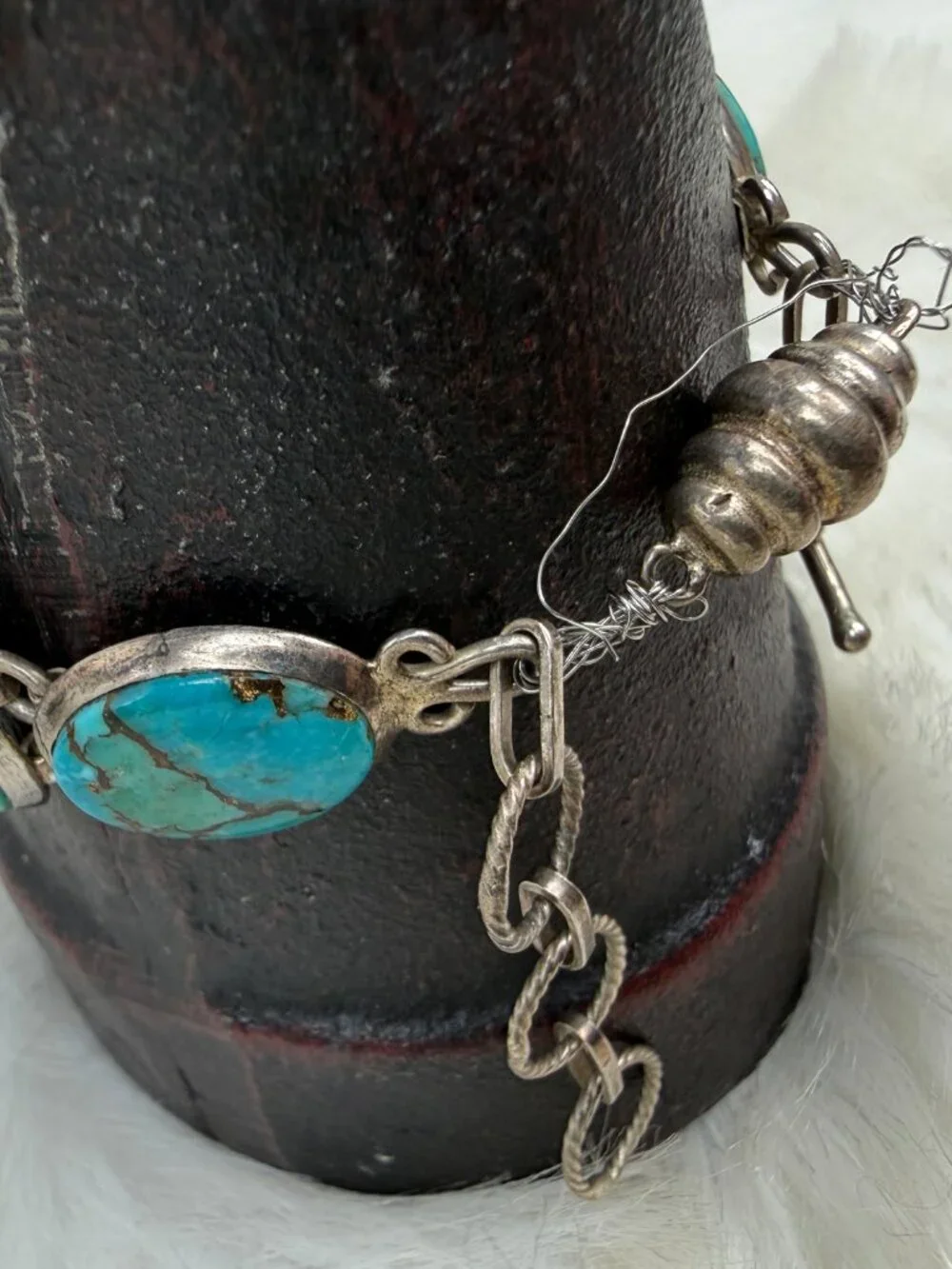 Sterling Silver & Oval Turquoise Stone Link Bracelet Toggle & Magnetic Clasp